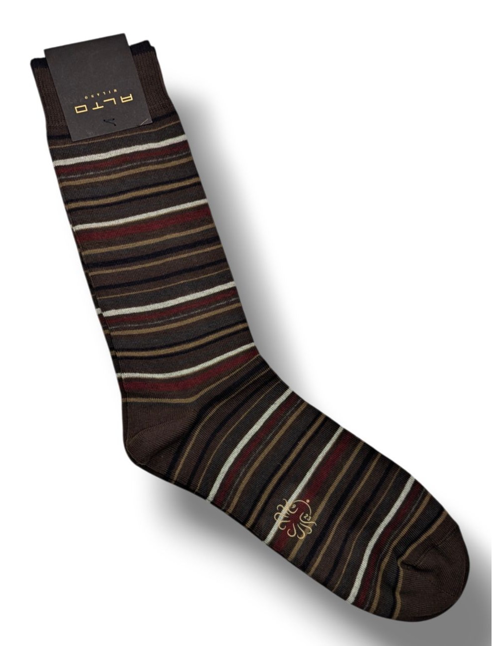 Calcetines Milano marrón con rayas granates, beige y verde