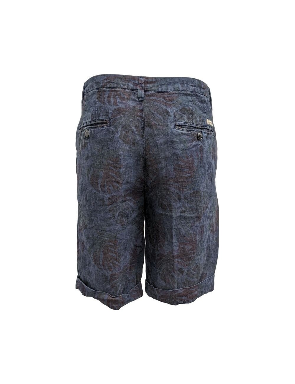 Bermuda en lino estampada con hojas tipo palmera de colores con fondo azul | Ego Madrid
