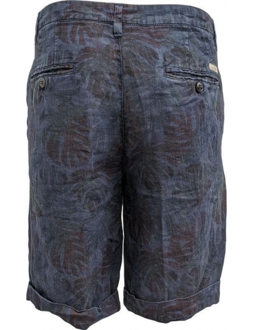 Bermuda en lino estampada con hojas tipo palmera de colores con fondo azul | Ego Madrid
