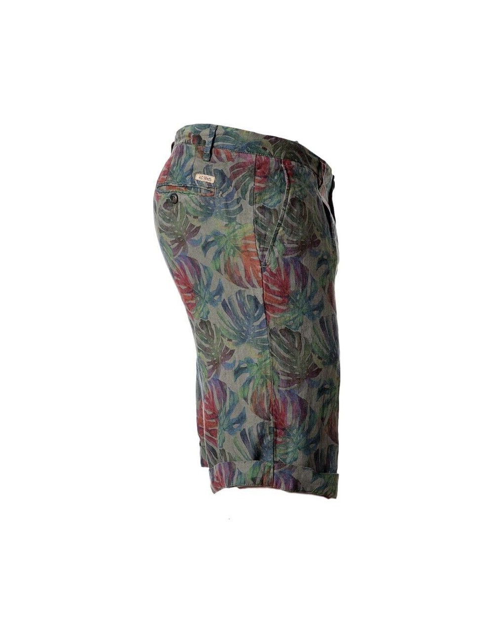 Bermuda verde lino estampada con hojas de palmera de colores