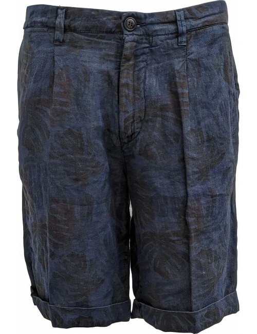 Bermuda en lino estampada con hojas tipo palmera de colores con fondo azul | Ego Madrid