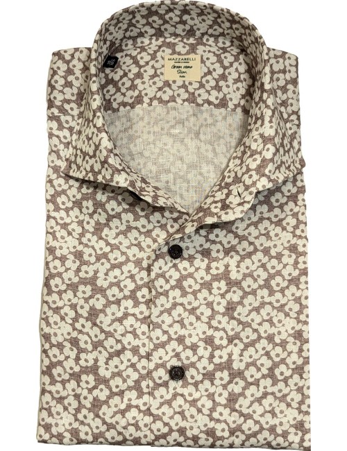 MAZZARELLI camisa lino marrón estampado floral blanco | Ego Madrid