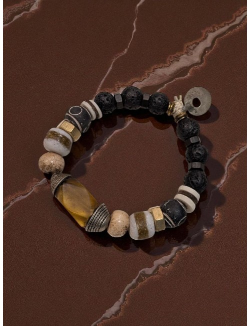 Pulsera artesanal  piedras negras volcánicas y cabuchón ámbar  aristas