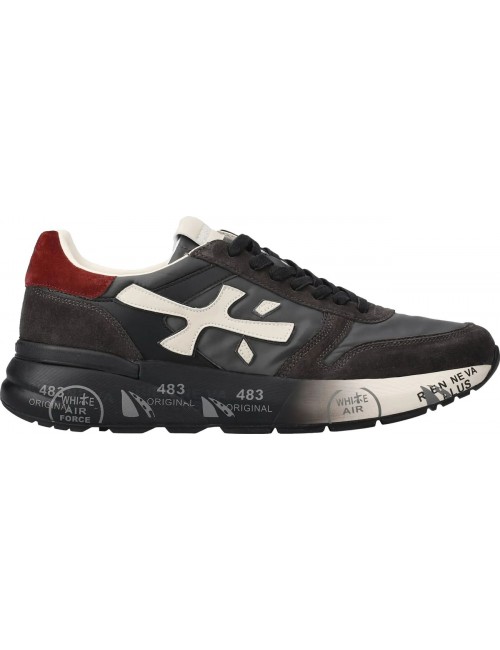 Premiata Mick negro gris y talonera roja vista lateral