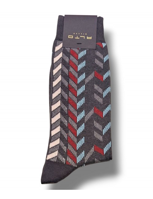 Alto Milano calcetín Elenos gris con espiga burdeos y azul claro