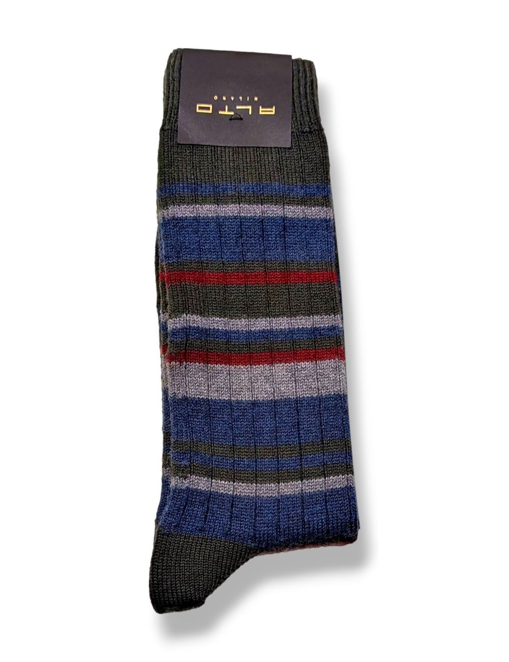 Alto Milano calcetín Andre verde rayas azul gris y granate