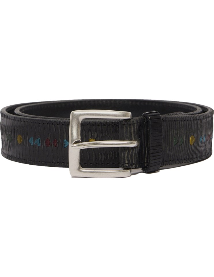 Orciani cinturón en piel Blade Symbol negro con bordados multicolor enrollado
