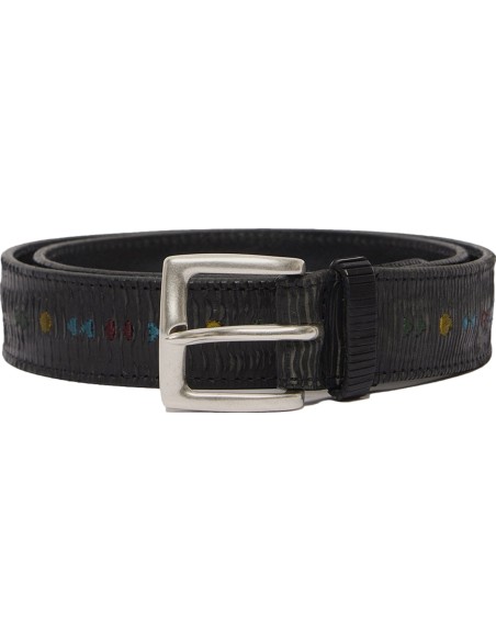 Orciani cinturón en piel Blade Symbol negro con bordados multicolor enrollado