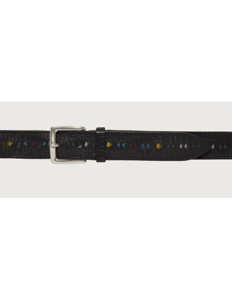 Orciani cinturón en piel Blade Symbol negro con bordados multicolor abrochado