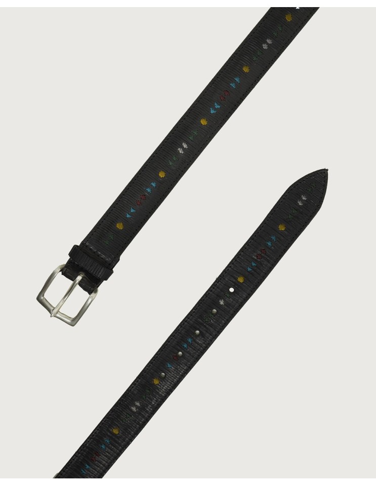 Orciani cinturón en piel Blade Symbol negro con bordados multicolor detalles