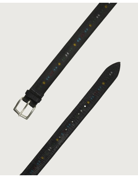 Orciani cinturón en piel Blade Symbol negro con bordados multicolor detalles