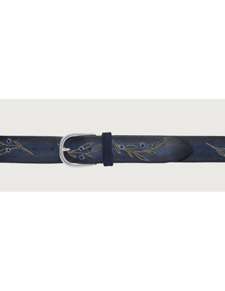 Orciani cinturón Ramify azul de ante con bordados florales  abrochado