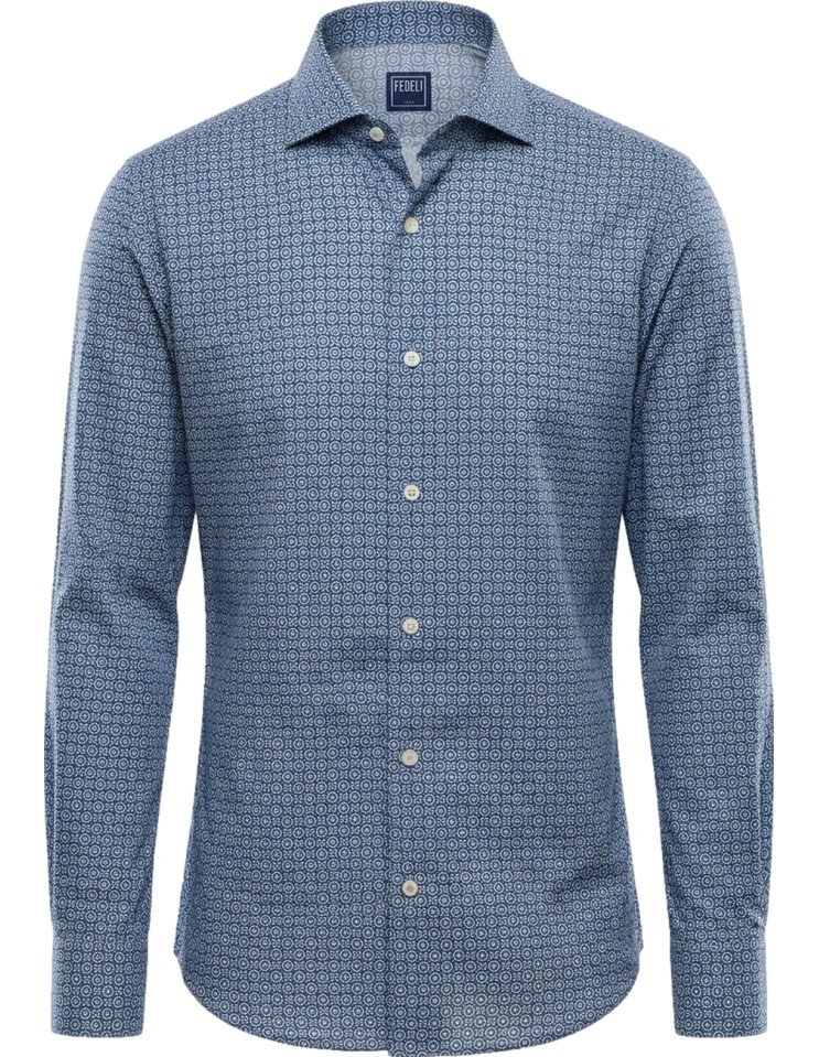 Camisa Sean Panamino Voile de algodón estampado de inspiración japonesa azul- Fedeli