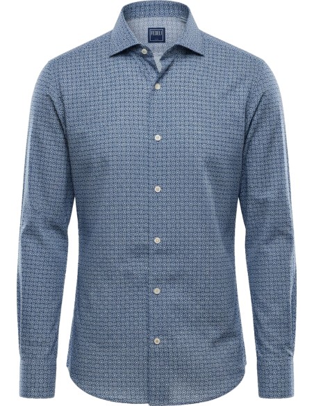 Camisa Sean Panamino Voile de algodón estampado de inspiración japonesa azul- Fedeli