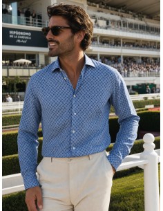 Camisa Sean Panamino Voile de algodón estampado Disty Print azul - Fedeli 2