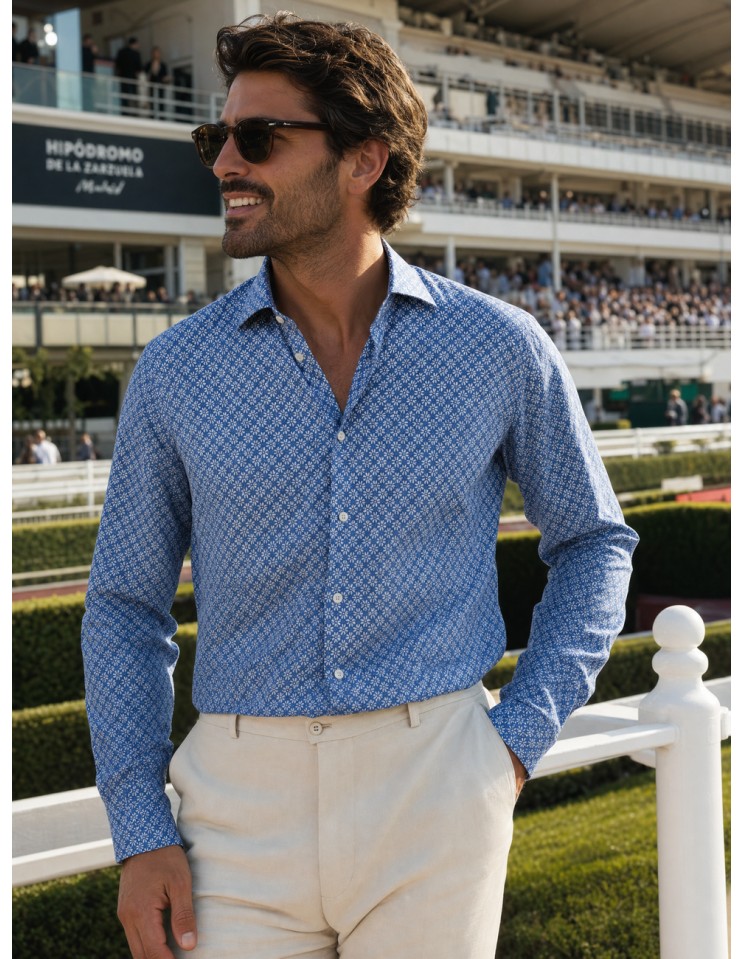 Camisa Sean Panamino Voile de algodón estampado Disty Print azul - Fedeli