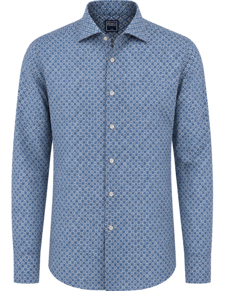 Camisa Sean Panamino Voile de algodón estampado Disty Print azul - Fedeli