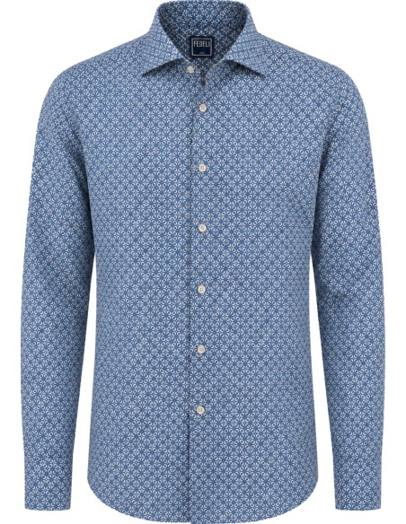 Camisa Sean Panamino Voile de algodón estampado Disty Print azul - Fedeli