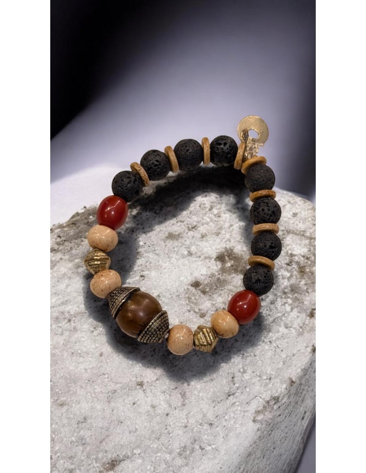 Pulsera Artesanal Hombre Piedra Volcánica Cornalina y latón