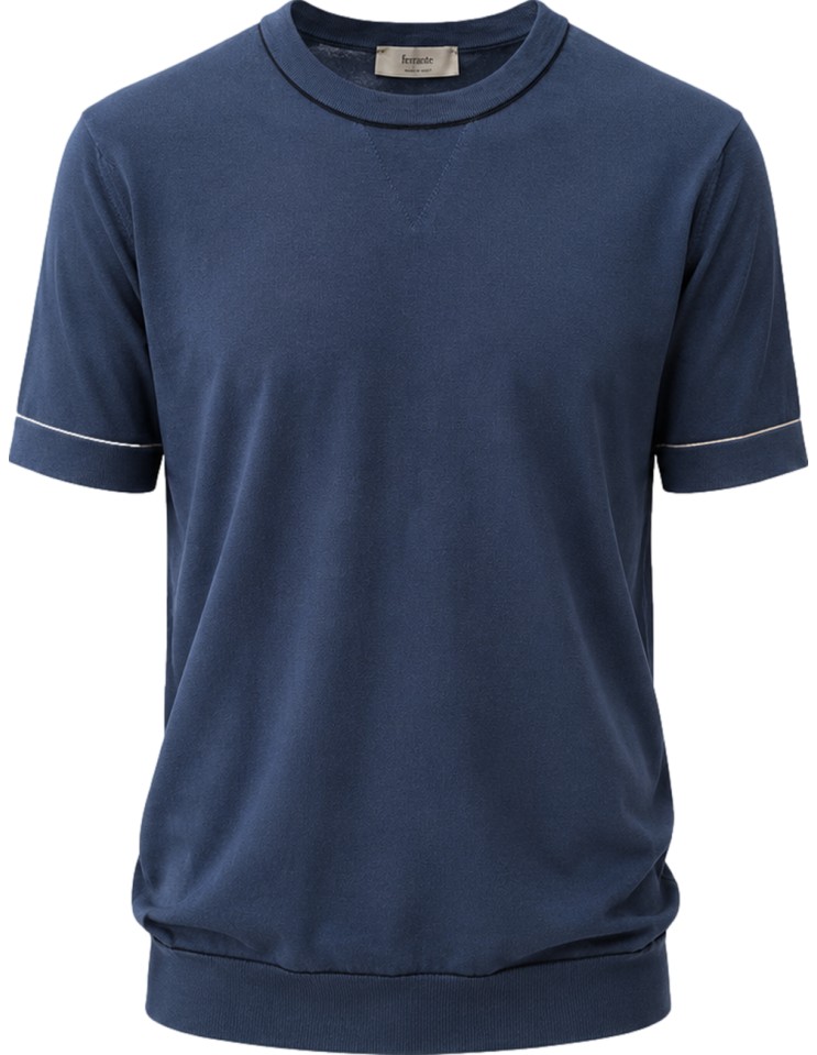 Camiseta azul manga corta en punto de algodón con perfil de color - Ferrante vista frontal