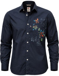 Camisa azul marino pintada motivos florales pintados a mano - Bob vista frontal, con pintado folral en pecho