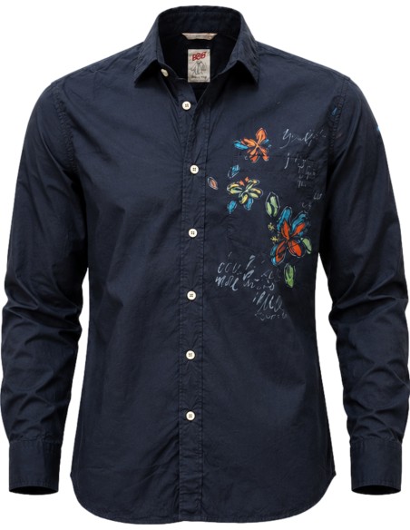 Camisa azul marino pintada motivos florales pintados a mano - Bob vista frontal, con pintado folral en pecho