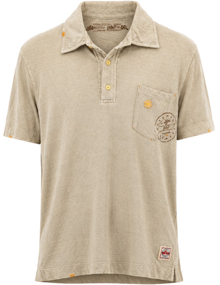 Polo manga corta beige algodón lino con bolsillo y estampado en pecho - Bob