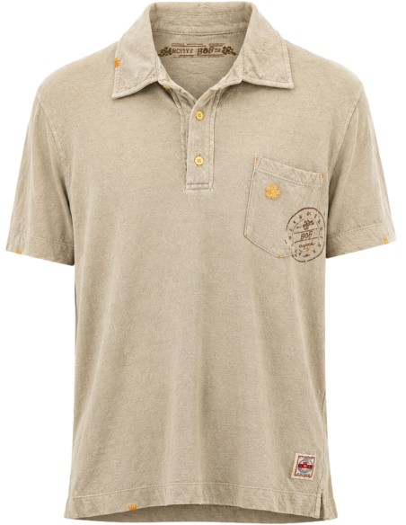 Polo manga corta beige algodón lino con bolsillo y estampado en pecho - Bob