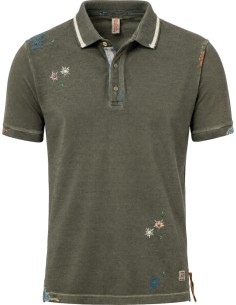 BOB polo manga corta verde militar con bordados airbrush dyed vista frontal
