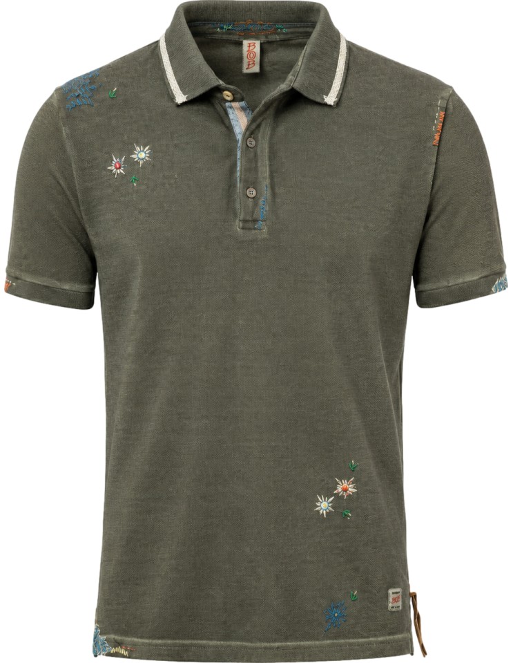 BOB polo manga corta verde militar con bordados airbrush dyed vista frontal