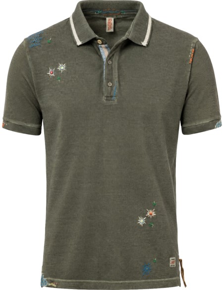BOB polo manga corta verde militar con bordados airbrush dyed vista frontal