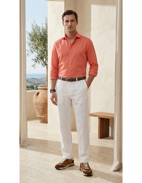 Camisa Sean Panamino tejido voile de algodón color coral - Fedeli