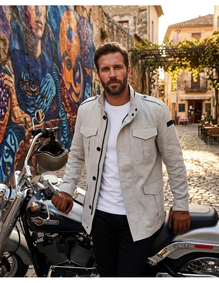 RRD Field Jacket Lynco color arena Ppuesta en un hombre en una moto