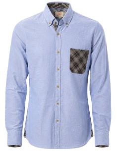 Camisa celeste en oxford de algodón con bolsillo y coderas - Bob vista frontal con bolsillo