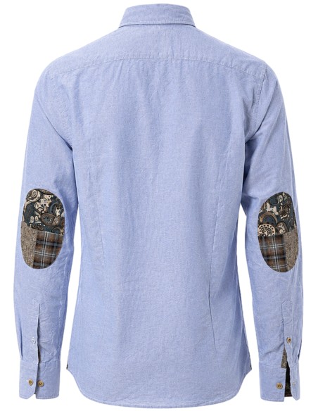 Camisa celeste en oxford de algodón con bolsillo y coderas - Bob vista espalda con coderas