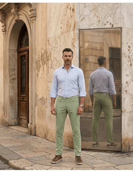 RRD pantalón Marina Chalk verde claro reflejada en el espejo