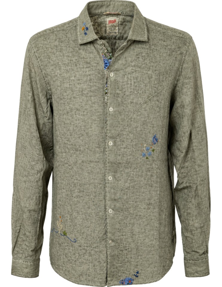 BoB camisa verde militar de algodón lino con bordados pintado con aerógrafo - BoB Vista frontal