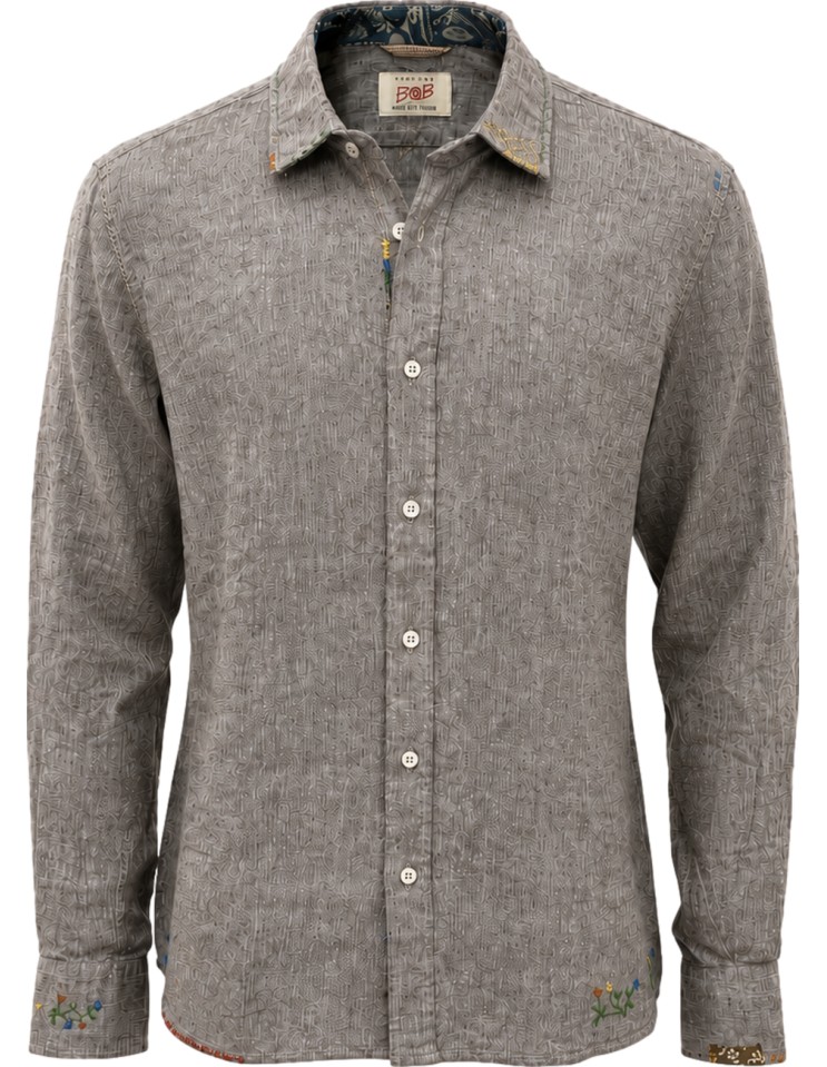 Camisa marrón de algodón lino con bordados - BoB vista frontal