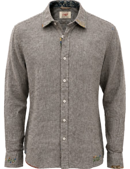 Camisa marrón de algodón lino con bordados - BoB vista frontal