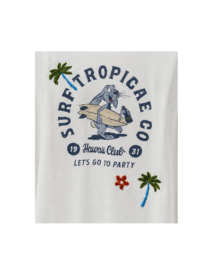 Camiseta blanca manga corta estampado y bordado surf - Bob detalle frontal