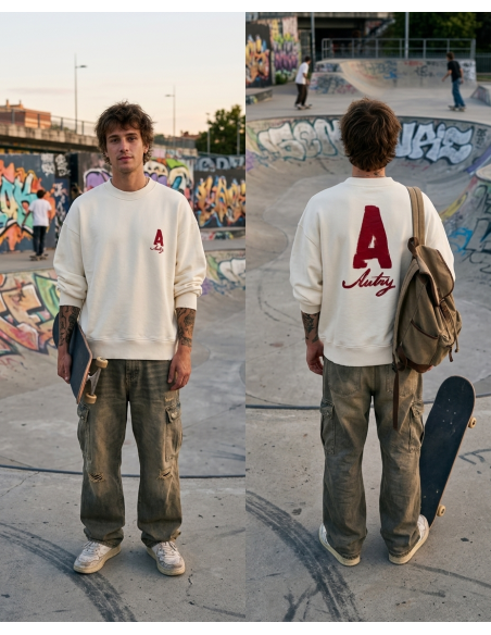 Sudadera Oversize blanca con logo rojo - Autry vista frontal y espalda en zona skate