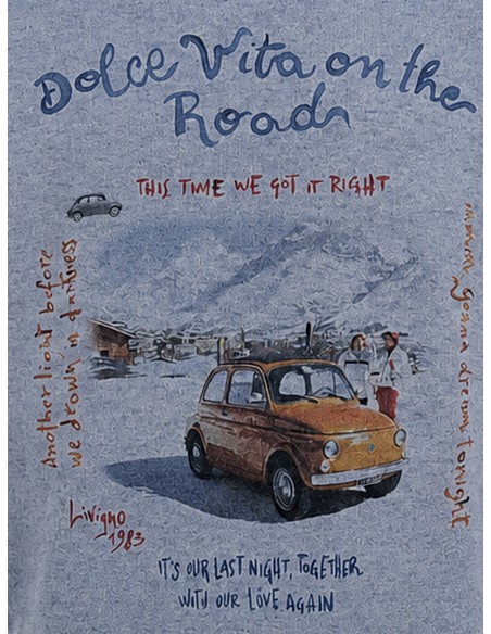 BOB Jersey lana reversible cuello redondo Bristol azul "Dolce Vita on the Road" detalle estampado en el pecho  fiat