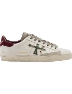 Premiata Steven print edition logo verde desgastado y talonera en ante granate vista lateral