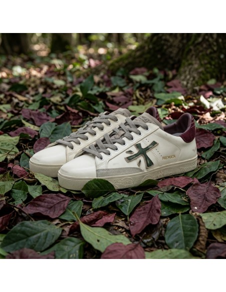 Premiata Steven print edition logo verde desgastado y talonera en ante granate dos pies sobre hojas de colores dos pies