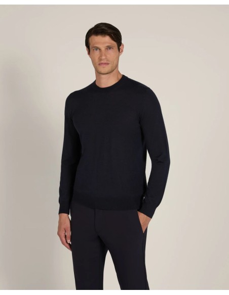 ZANONE - Slowear jersey cuello redondo azul marino lana merino fino vista puesto en u hombre en su vista frontal