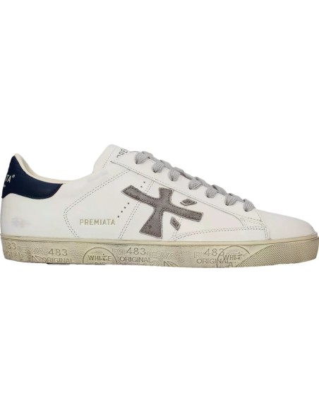 Premiata Steven Print Edition blanco talonera azul y logo gris steven 8479 vista