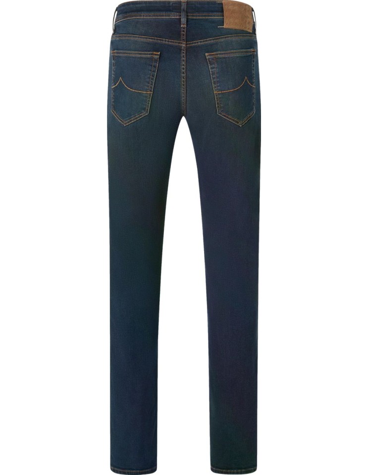 Almirante Seis jeans Bard de Jaco Cohën en denim elástico azul oscuro con lavado vintage vista espalda