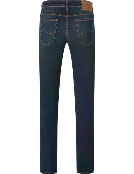 Almirante Seis jeans Bard de Jaco Cohën en denim elástico azul oscuro con lavado vintage vista espalda