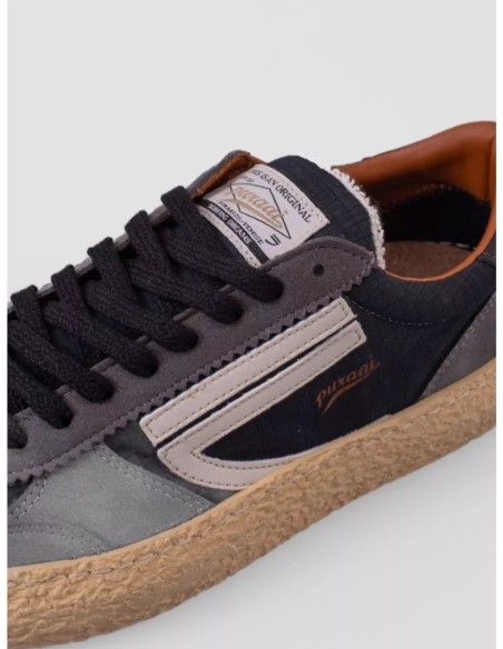 PURAAI Daiquiri zapatilla vegana Vintage negro y gris oscuro detalle logo blanco
