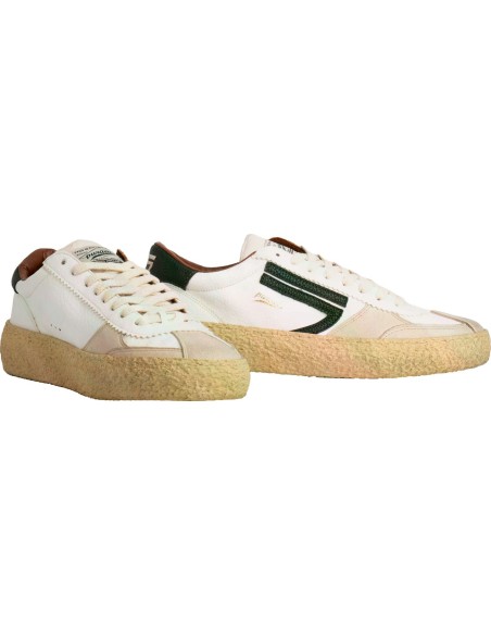 PURAAI zapatilla vegana Vintage Vischio blanca y logo verde dos pies en v vist parte interna y externa
